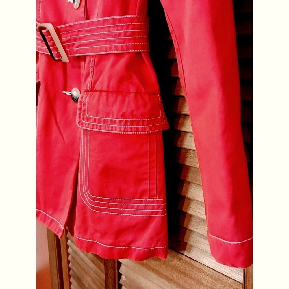 Vtg Y2K‎ Womens PeaCoat 100% Cotton Red Tortoise Buttons White Stitching Sz M - Picture 6 of 11